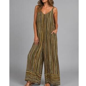 Zara Striped Wide Leg Jumpsuit Brown Festival Boho Womens Large 70s Inspired
